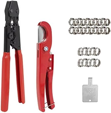 Pex Crimping Clamp Cinch Tool Kit Sizes from 3/8'' to 1'' ( Meets ASTM 2098)--PEX Cinch Fastening Tool, Pipe/Tubing Cutter, Stainless Steel Clamps 20pcs 1/2'', 10 pcs 3/4'' Clamps, Red (1824A)