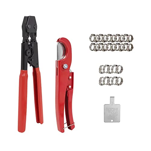 Pex Crimping Clamp Cinch Tool Kit Sizes From 3/8'' To 1'' ( Meets Astm 2098)--Pex Cinch Fastening Tool, Pipe/Tubing Cutter, Stainless Steel Clamps 20Pcs 1/2'', 10 Pcs 3/4'' Clamps, Red (1824A) #TOP2