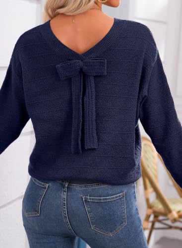 Image of EVALESS Sweaters for Women Long Sleeve Fall Outfits 2026 Back Bow Knot Sweaters Round Neck Solid Knit Pullover Tops