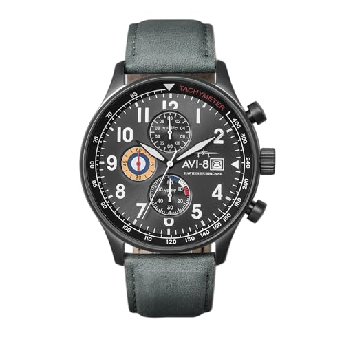 AVI-8 Hawker Hurricane Men's Pilot Watch – Classic Chronograph, Japanese Quartz Movement, 43.5mm Stainless Steel Case, Leather Strap, AV-4011-0D - Military Green
