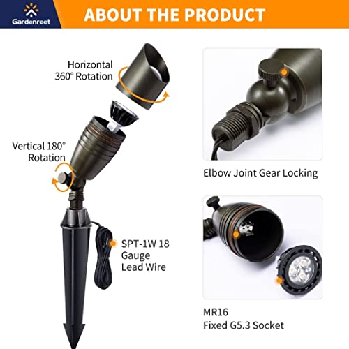 Gardenreet Solid Brass Landscape Spotlight, 12V Ac/Dc Waterproof Bronze Led Spot Lights Outdoor, Low Voltage Lighting Wired For Patio, Yard, Garden, Lawn, Wall, Tree With 5W Mr16 Bulb 2700K #TOP2