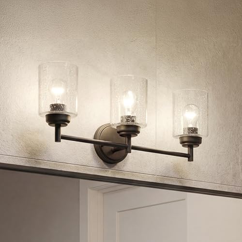 Image of Kichler Winslow 21.5 inch 3-Light Bathroom Vanity Light Fixture with Clear Seeded Glass in Black, Modern Wall Mount Lighting for Mirror over Vanity in Bathroom, 45886BK