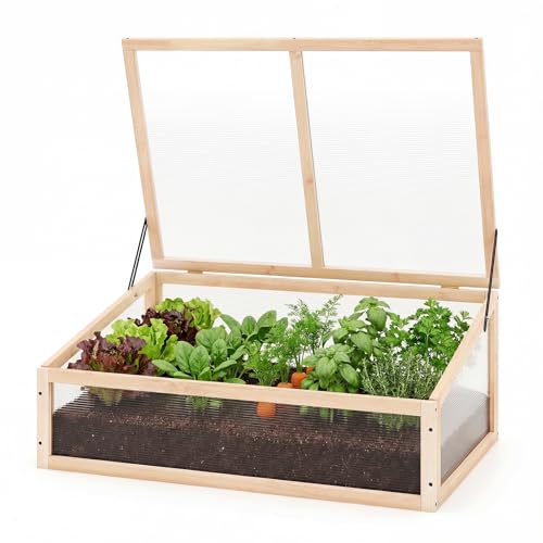 GYMAX Frühbeet Holz Frühbeetaufsatz mit klappbares Dach Fruhbeet Gewachshaus Frühbeetkasten Aufsatz Pflanzkasten für Balkon & Terrasse 94 x 63 x 40 cm (Natur)