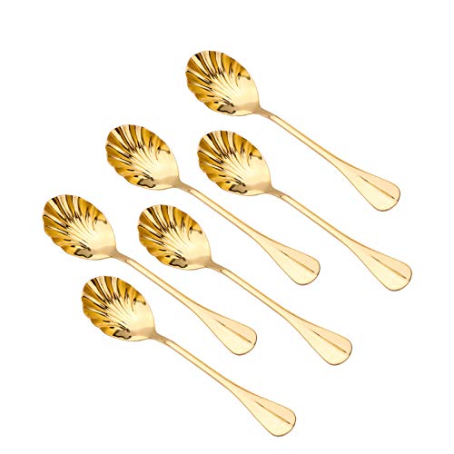 TrUSBER Cuillères à café en acier inoxydable en forme de coquillage vintage pour café, espresso, cappuccino, desserts, sucre, démithasse, thé de l'après-midi, cuisine et bar, petit (lot de 6) doré