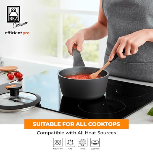 Image of BRA COOKWARE Efficient Pro Nonstick Saucepan w /Lid | 6.3 Inch 1.13 Quart Shallow Pot | 3-Layer Scratch Resistant Coating | PFOA Free Low Pot | All Cooktops Soup Pan | Ergonomic Heat-Resitant Handles