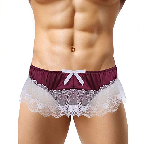 Sissy Lace Butt Sexy Thong Briefs Mens Underwear G-String Panties Open Low Sexy Lingerie Top And Panties (Wine, M) #TOP3
