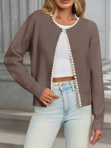 Image of Saodimallsu Womens Fall Open Front Cardigan Sweaters Pearl Long Sleeve Knit Tops Crewneck Dressy Casual Sweater Jacket