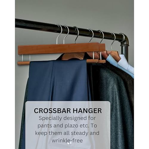 Image of BLOOMAX 6 Pcs Wooden Trouser Hangers - German Technique, Walnut Finish, 14-Inch Non-Slip Bar & 360 Swivel Hook (Made in India)