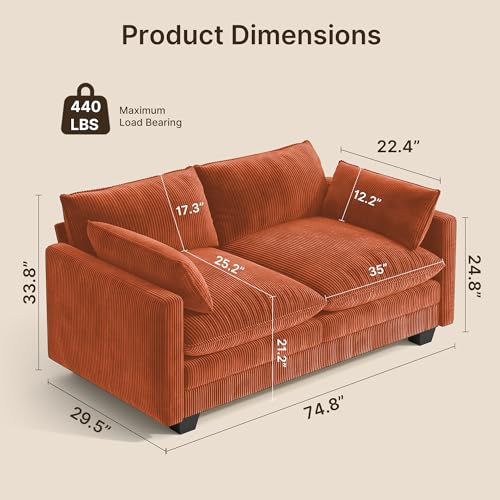 Image of Gizoon 75 inch Small Cloud Loveseat Couches for Living Room, 2 Seater Love Seat Sofa with Comfy Deep Seat, Small Washable Couches with Removable Corduroy Cover for Apartment, Orange