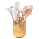 Satu Brown Utensil Holder, Ceramic Kitchen Gold Utensil Holder for Countertop,Cooking Utensil Crocks for Kitchen Counter 5.1 W x 6.6 H inches（stripes）