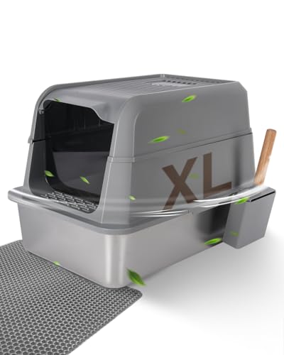 FoxFocus Stainless Steel Litter Box with Lid, Enclosed Extra Large Cat Litter Box for Big Cats and Multiples with Mat & Scoop - Non-Stick, Easy Cleaning, Anti-Leakage Covered Cat Litter Boxes (Gray)