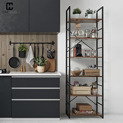 Image of CAPHAUS 6 Tier Bookshelf, 24 Inch Width Free Standing Shelf, Bookcase Shelf Storage Organizer, Industrial Book Shelves for Home Office, Living Room, Kitchen, Rustic Oak Vintage Shelves & Metal Frame