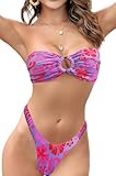 Happy Cherry Conjunto de bikini de 2 piezas para mujer, sexy, bandeau de corte alto, sin tirantes, cintura alta, Morado (, S