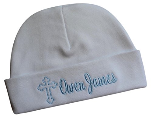 Embroidered Baptism Baby Hat with Cross Personalized with Custom Name 100% Cotton