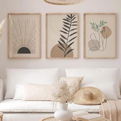 Impression murale bohème fleur abstraite beige neutre pour salon 3 pièces 60x90cm