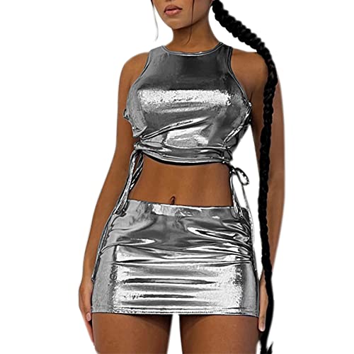 Women Liquid Metallic 2 Piece Outfits Side Criss Cross Lace