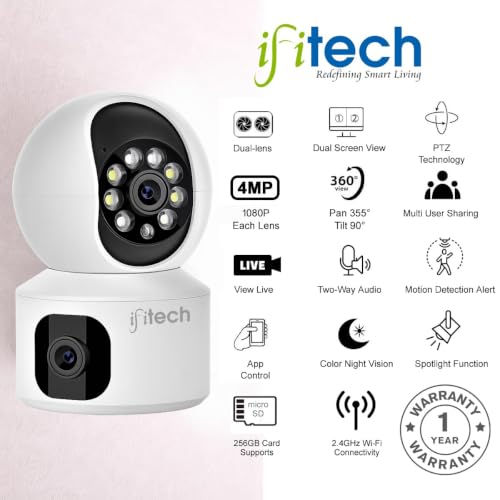 Image of IFITech 360 4MP Dual Lens Wi-Fi CCTV Camera | 2MP Each Lens, Wi-Fi Indoor Home Security Camera | 2 Way Talk | Motion Detection | Color Night Vision | Supports SD Card Up to 256GB (Not Included)