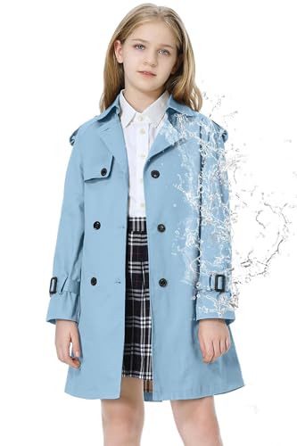 Betusline Girls Trench Coat Double Breasted Classic Lapel Belted Windproof Overcoat Outwear 2# Light Blue 13-14 Years = Tag 170