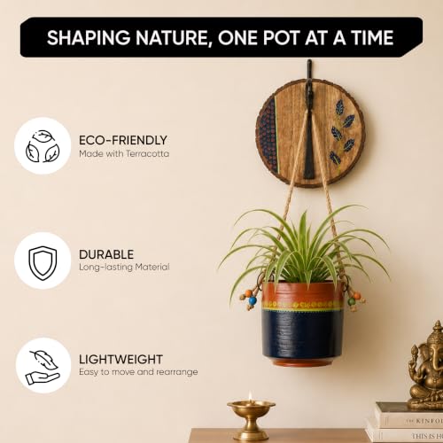 Image of AAKRITI ART CREATIONS Wall Hanging Planter with Hook | Blue & Brown Earthen Planter on Round Wooden, Modern Art, Matte Finish | Metal, Terracotta & Wood | Decorative Hanging Pot for Indoor & Outdoor