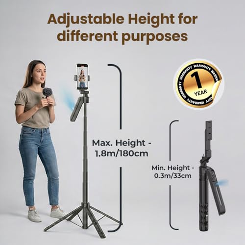 Image of Toreto One Axis Gimbal Stabilizer Tripod with AI Face Tracking & 360 Rotation | 1.8m Height Adjustable, Gesture Control & BT Remote | Compatible with iPhone & Android for Vlogging & Photoshoots