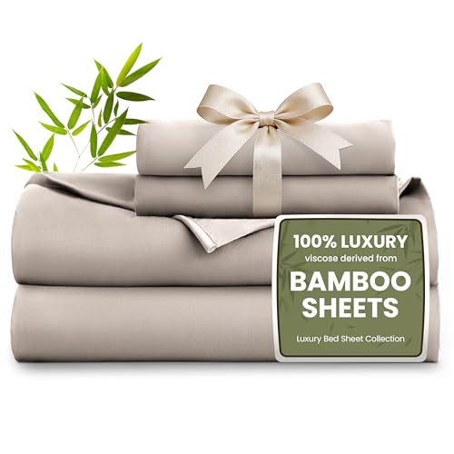 Image of Love's cabin 4 Piece Full Size Sheet Set, 100% Rayon Derived from Bamboo, Cooling & Breathable, Soft Silky Deep Pocket up to 16 inch, Hotel Luxury Bedding for Hot Sleepers, Light Tan