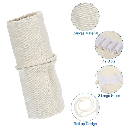 Image of PATIKIL Handmade 12 Slots Roll Up Pencil Case, Canvas Pencil Wrap Pouch Pen Holder Organizer for Artist Drawing Coloring Sketching, White