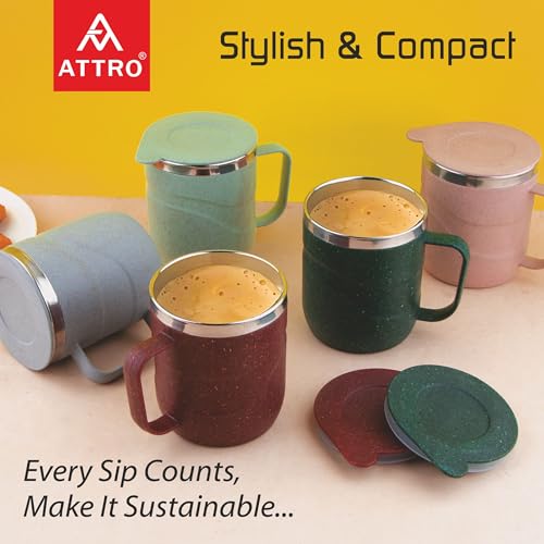 Image of ATTRO Brew Mug - Stainless Steel Inner with eco Friendly Outer Body Durable & Stylish, Microwave Safe Coffee /Tea Mug with Handle & Lid, Ideal for Home, Office, Travel & Gifting - 300ml - Pastel Green