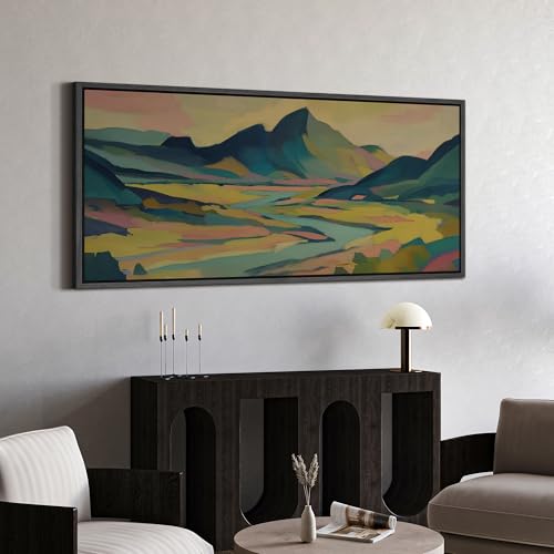 Image of MUDECOR Extra Large Framed Canvas Print Wall Art Colorful Abstract Mountain Landscape Modern Antique Retro Ready to Hang Painting for Living Room Bedroom Multi-Sizes - 60 inchx30 inch