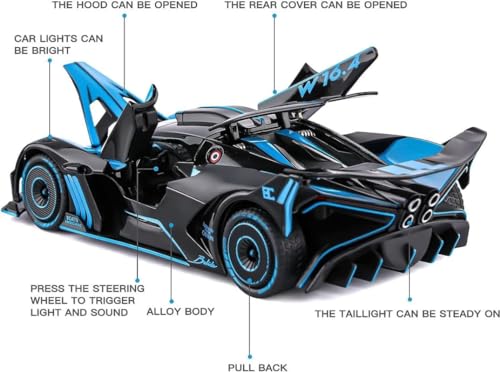 Image of PINQUE Kids New Car 1:24 Big Bugatti Bolide Diecast Alloy Metal Pull Back Car with Openable Doors Music Sound and Light Vehicle Toy for Boys (Blue)
