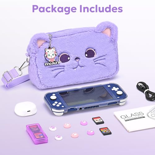 Image of innoAura Switch Lite Case 14-in-1 Accessories Bundle for NS Switch Lite (2019), with Protective Carrying Case, Game Holder, Screen Protector & Cute Thumb Grips, Purple Cat Plush Bag