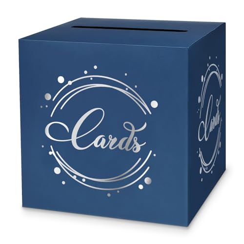 Image of 1 Pack Navy Blue and Silver Foil Card Box for Party, 8.7 inch Navy Blue Gift Card Box Money Box for Birthday, Wedding, Baby Shower, Retirement, Anniversary, Bridal Shower, Raffle Ticket