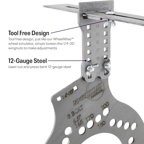 Speedway Motors WheelWise™ 8-Lug Wheel Fitment Tool with Tire Size Attachment, Simulates 14-22 Inch Rim Diameter, 8-14 Inch Tire Width, 2.5-11.5 Inch Sidewall, Laser Cut Steel