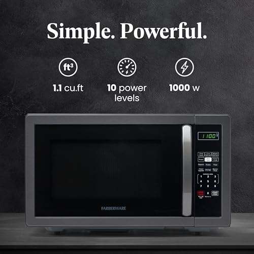 Farberware Countertop Microwave 1000 Watts, 1.1 cu ft - Microwave Oven With LED Lighting and Child Lock - Perfect for Apartments and Dorms - Easy Clean Black Stainless Steel