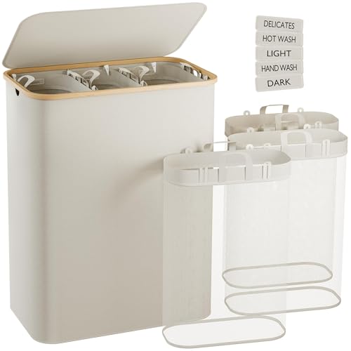 G-Sunny 160L Laundry Hamper with Lid, Extra Large Laundry Basket 3 Section with Removable Washing Bags, Collapsible Waterproof Dirty Clothes Hamper for Laundry Room, Bathroom, Bedroom, Dorm, Beige