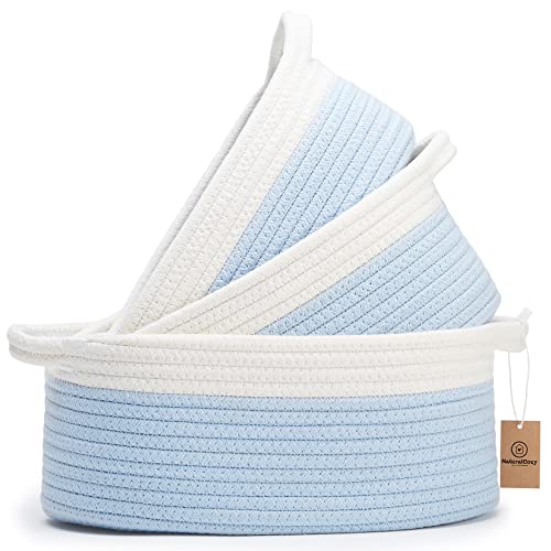 Image of NaturalCozy 3-Piece Oval Storage Basket Set– Soft Natural Rope Woven Baskets for Storage Shelf, Toy, Nursery, Gift, Baby Shower, Pets Cat Dog Bins | Small Basket for Organizing (Off White & Blue)
