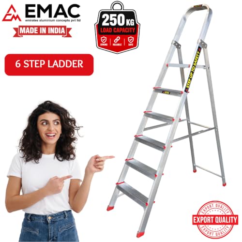 Image of EMAC Aluminium 6 Steps Folding Ladder for Home, Shops and Office Use Slip Resistant Aluminium Ladder (with Platform)