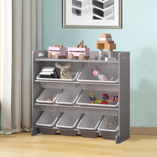 Duffy® Kids Storage Unit Toy Box Organiser Bookshelf With Removable Baskets, For Bedroom, Nursery, Playroom (Grey Wood With White Bins) - 6
