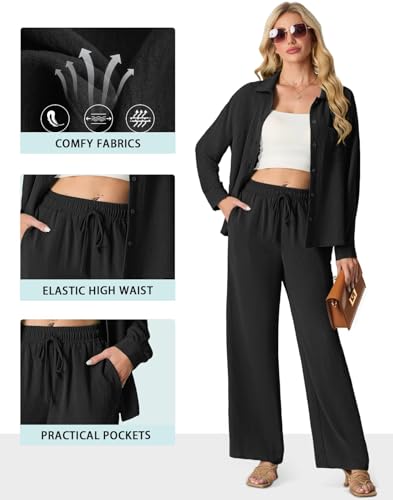 Lepunuo 2 Piece Outfits for Women Casual Lounge Sets Long Sleeve Button Down Shirts and Wide Leg Pants Sets Tracksuit2