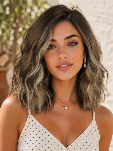 Image of Eawwii Ombre Light Brown With Blonde Short Wavy Wig for Women Lace Hairline Bob Style Synthetic Heat Resistant - Natural Appearance for Everyday Hairstyle 14 Inch