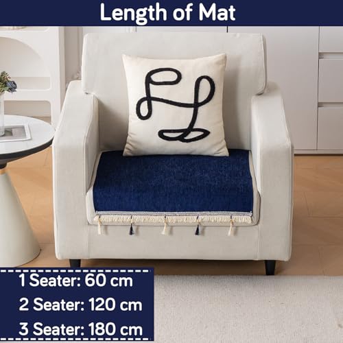 Image of HOKIPO 'Serenity Tassel' Chenille 1 Seater Sofa Cover with Tassel - Sapphire Navy (IN-890-NBL)