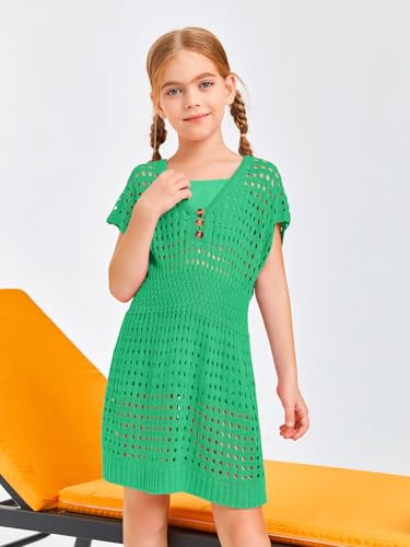 Image of Haloumoning Girls Crochet Swim Beach Cover Up Kids Fashion Button Short Sleeve Swimsuits Cover Ups 5-14 Years