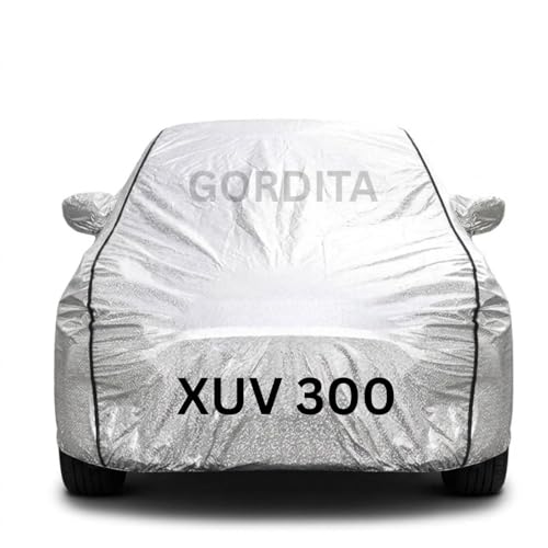 Image of Waterproof Car Body Cover for Xuv 300 All Weather Protection Comes with Inner Cotton Lining & Triple Stitched with Mirror & Antenna Pocket Belt & Elastic Fit Metallic Silver with Black Piping2