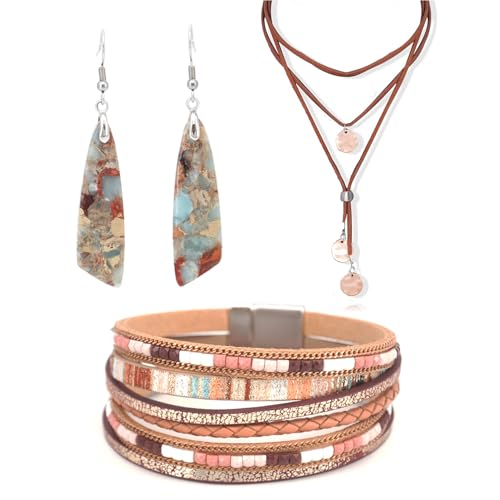 3 Pcs Western Jewelry Set for Women Boho Vintage Choker Necklace Earrings Faux Leather Bracelet