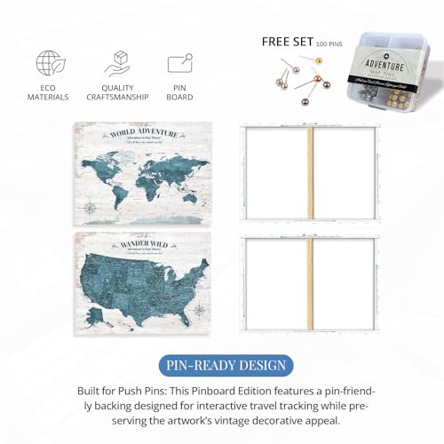 Image of IPIC - Antique Blue World Map & USA Map Canvas Wall Art Set of 2, Travel Wall Decor with Pins Included, Ready to Hang for Office or Living Room, 30x24 Inch