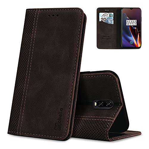 AKABEILA Oneplus 6T Leder Handyhülle, Silikon Schutzhülle Brieftasche Klapphülle Mit PU Magnetverschluss Und Kartenfächer, Dunkelbraun