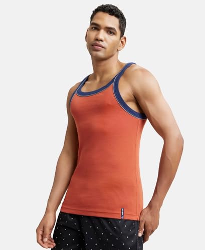 Image of Jockey US54 Men's Super Combed Cotton Rib Square Neckline Gym Vest with Back Panel Graphic Print (Shoulder Starp Color May Vary)