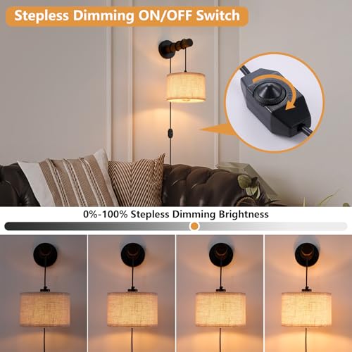 Image of XSDeTu Plug in Wall Sconces Set of 2, Farmhouse Wall Lamp with 5.9FT Plug in Cord, Dimmable Hanging Wall Lighting with Fabric Shade, Adjustable Wall Mount Lights for Bedroom Living Room, Wooden Arm