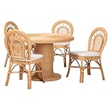 Bali & pari Walker 5-Piece Natural Rattan Dining Set - Handwoven Wicker Set with Round Pedestal Table and 4 Curved Back Chairs, Coastal Boho Dining Room Furniture with Cushioned Seating