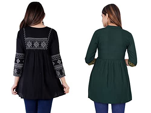Image of Shiva Fab Short Kurti for Women | Embroidered Straight Rayon Kurta | Round Neck Full Sleeves Short Kurti for Women's