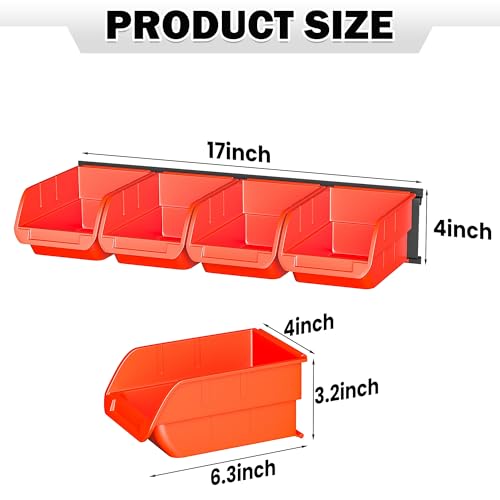 Wall-Mounted-Storage-Bins-Plastic-Hanging-Storage-Organizer-Bins-Garage-Tool-Storage-System-for-Screws-Nuts-Bolts-Nails-and-Small-Hardware-Parts-16x-bins-4-x-Rails-Orange